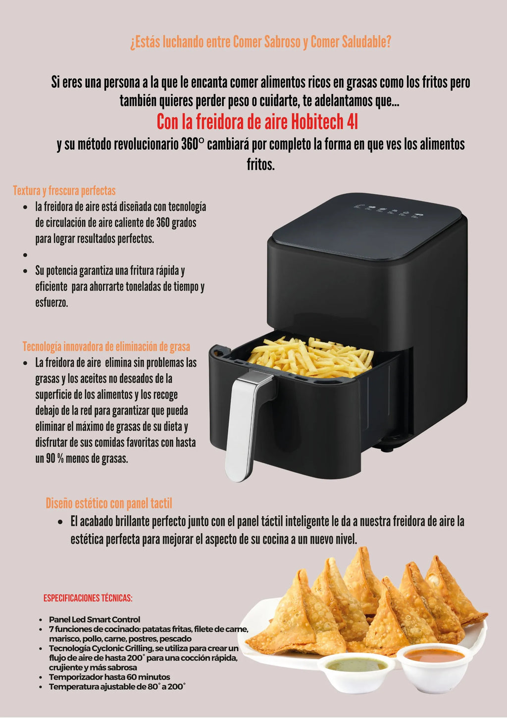 Freidora de Aire Sin Aceite 4 Litros Hobitech