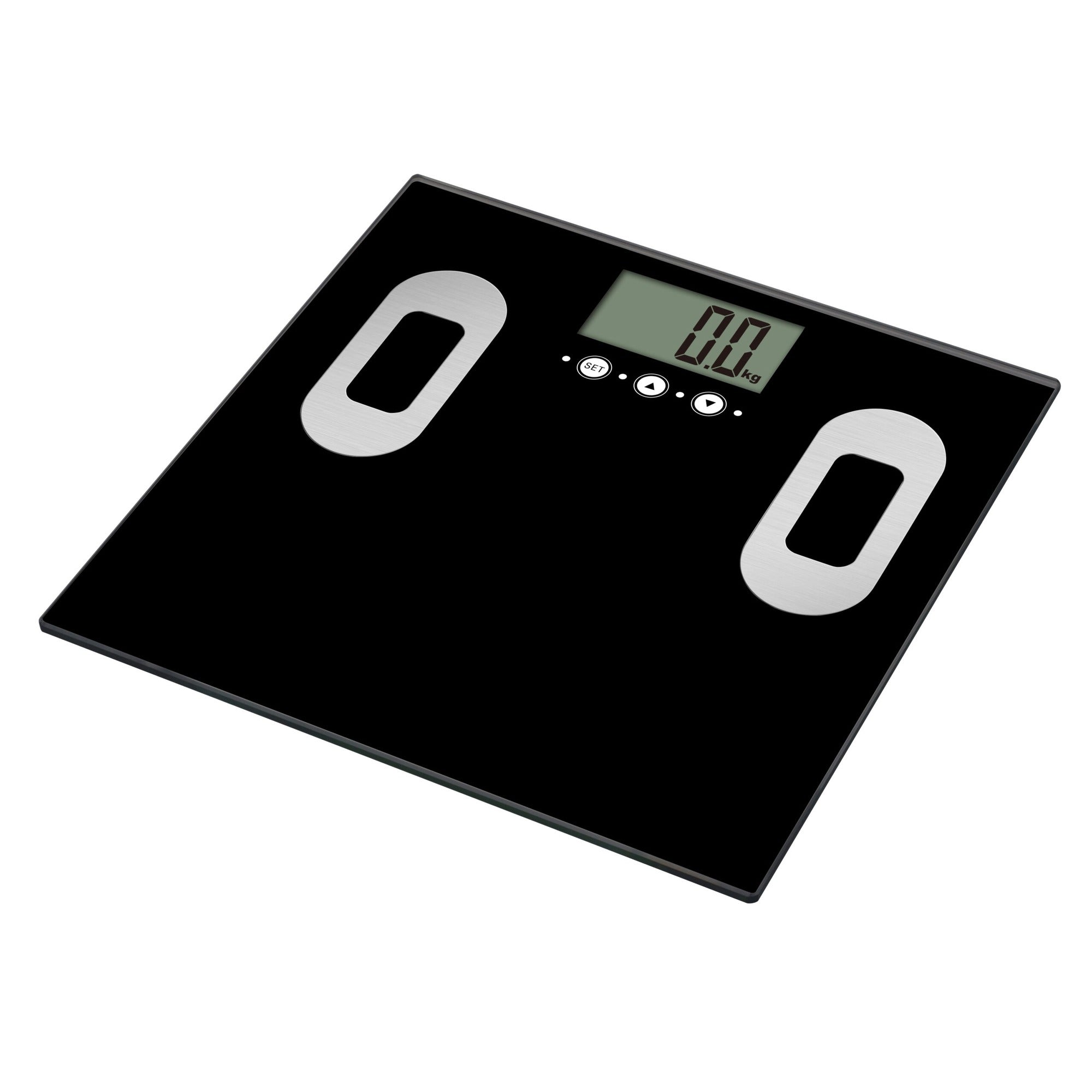 Báscula de baño digital negra con medición de peso y grasa corporal