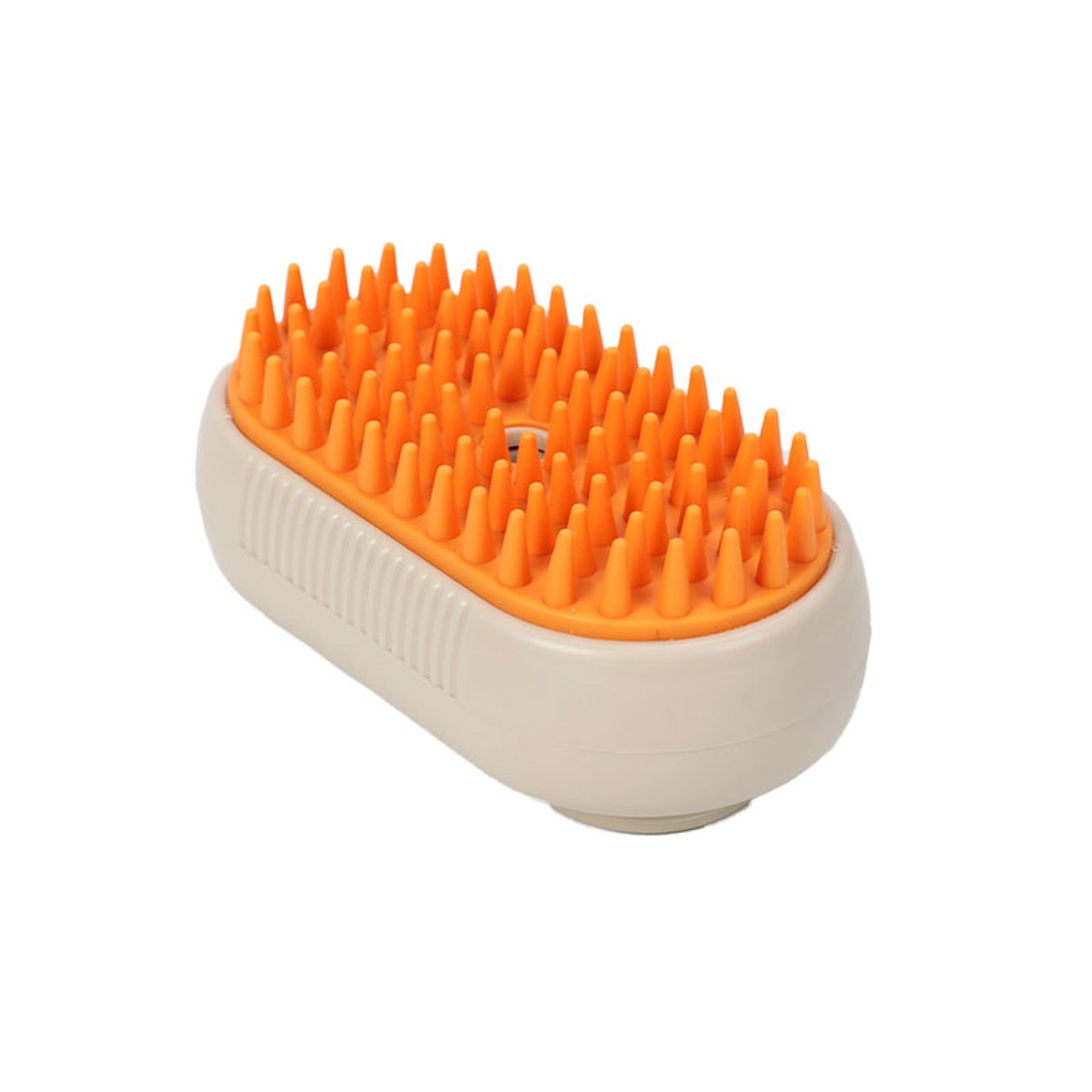 Cepillo de vapor para mascotas beige, vista lateral con mango plegado