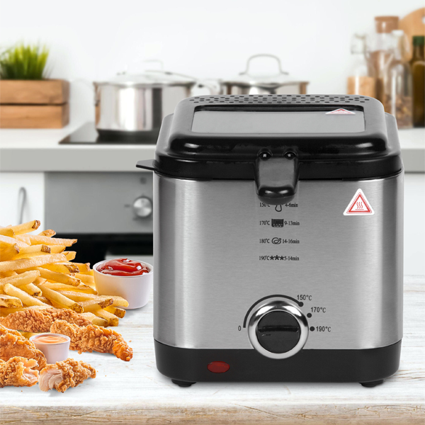 Freidora Eléctrica Compacta de 1.5L: Acero Inoxidable y 900W de Potencia