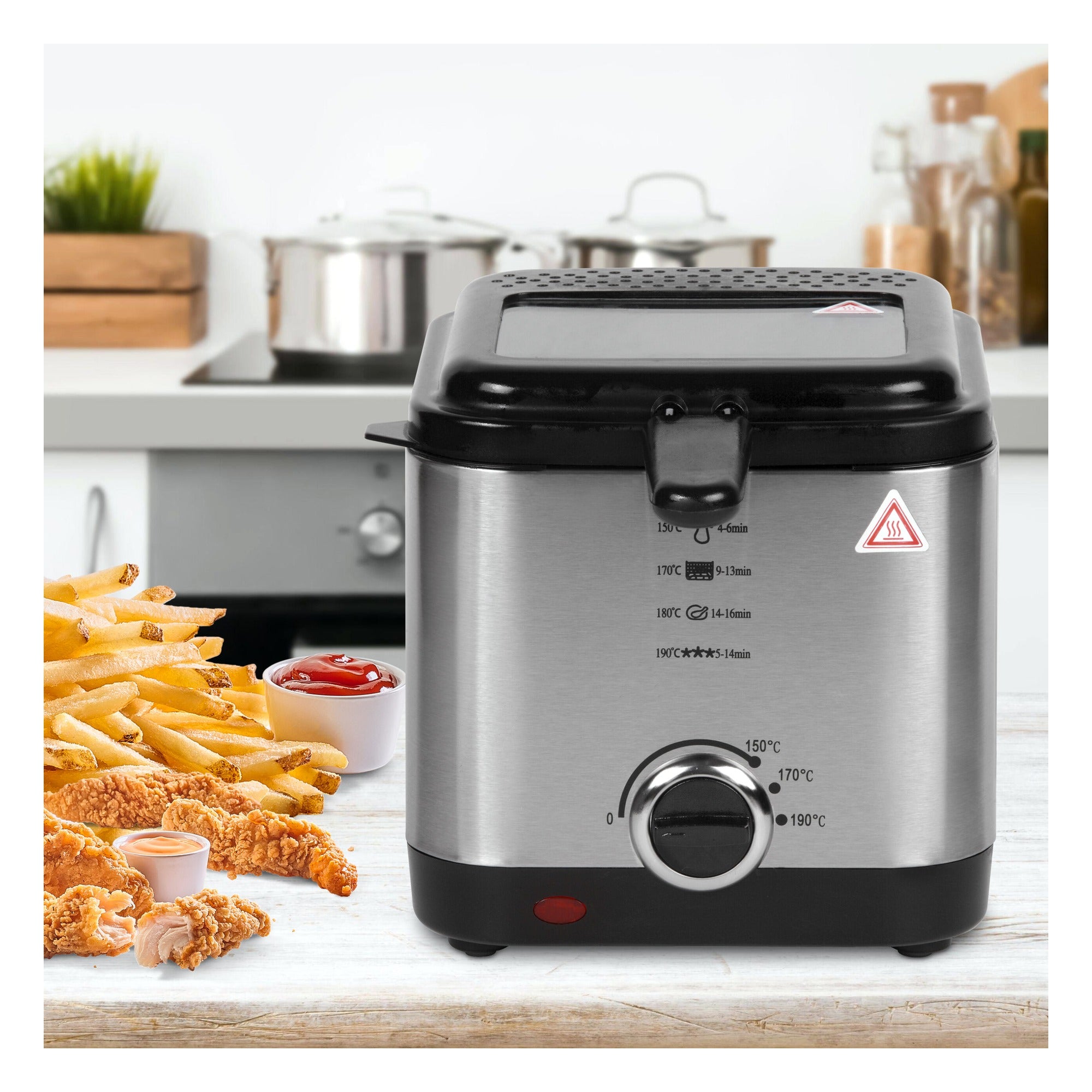 Freidora Eléctrica Compacta de 1.5L: Acero Inoxidable y 900W de Potencia