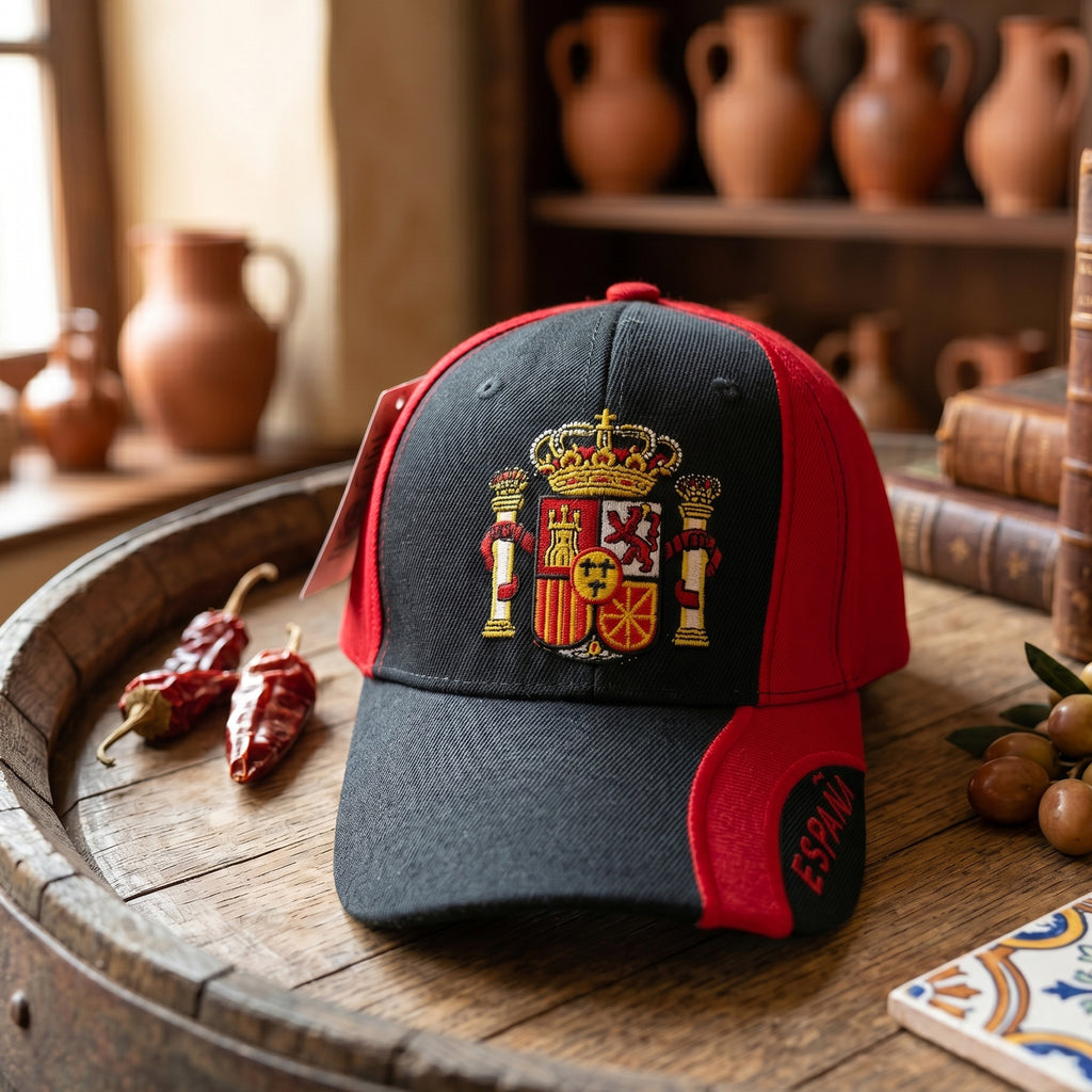 Gorra de España Deportiva Negra y Roja con Escudo Bordado | Visera Ajustable Casual