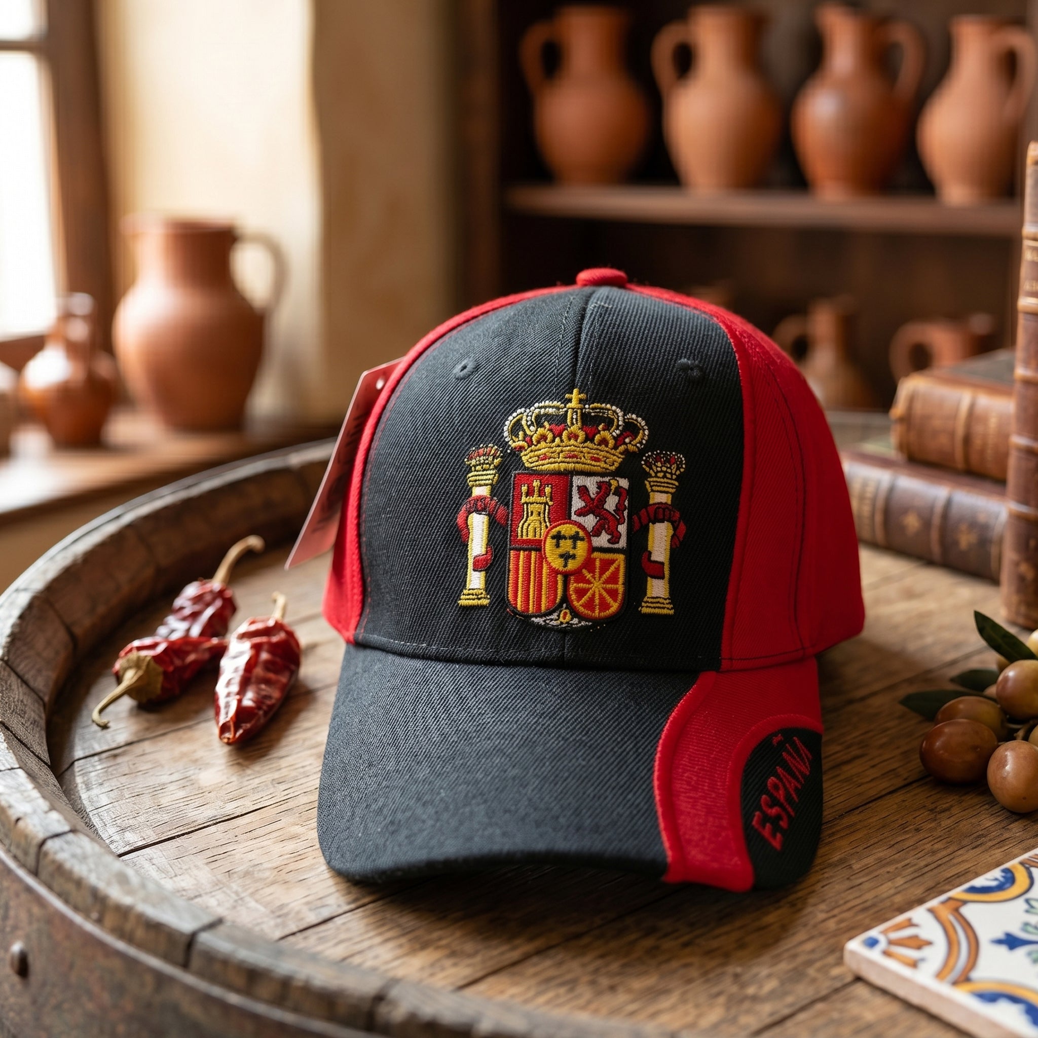 Gorra de España Deportiva Negra y Roja con Escudo Bordado | Visera Ajustable Casual
