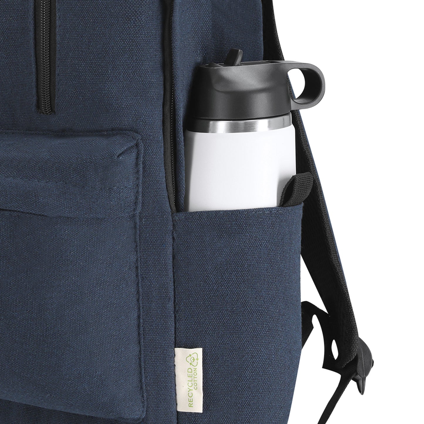 Mochila de Algodón Reciclado para Portátil 15" | Mochila de Viaje Adaptable a Trolley (Natural / Azul Marino)