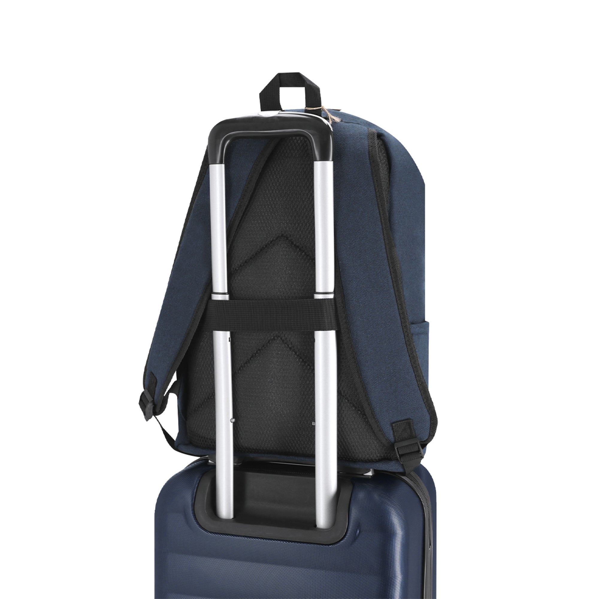 Mochila de Algodón Reciclado para Portátil 15" | Mochila de Viaje Adaptable a Trolley (Natural / Azul Marino)