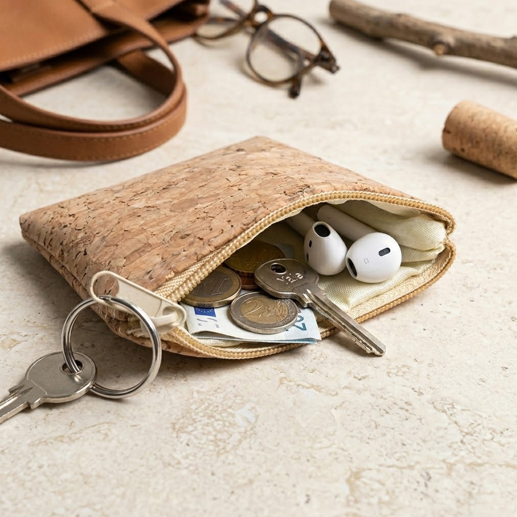 Mini monedero Llavero de Corcho Ecológico 10x9 cm | Monedero de Bolsillo con Forro Interior
