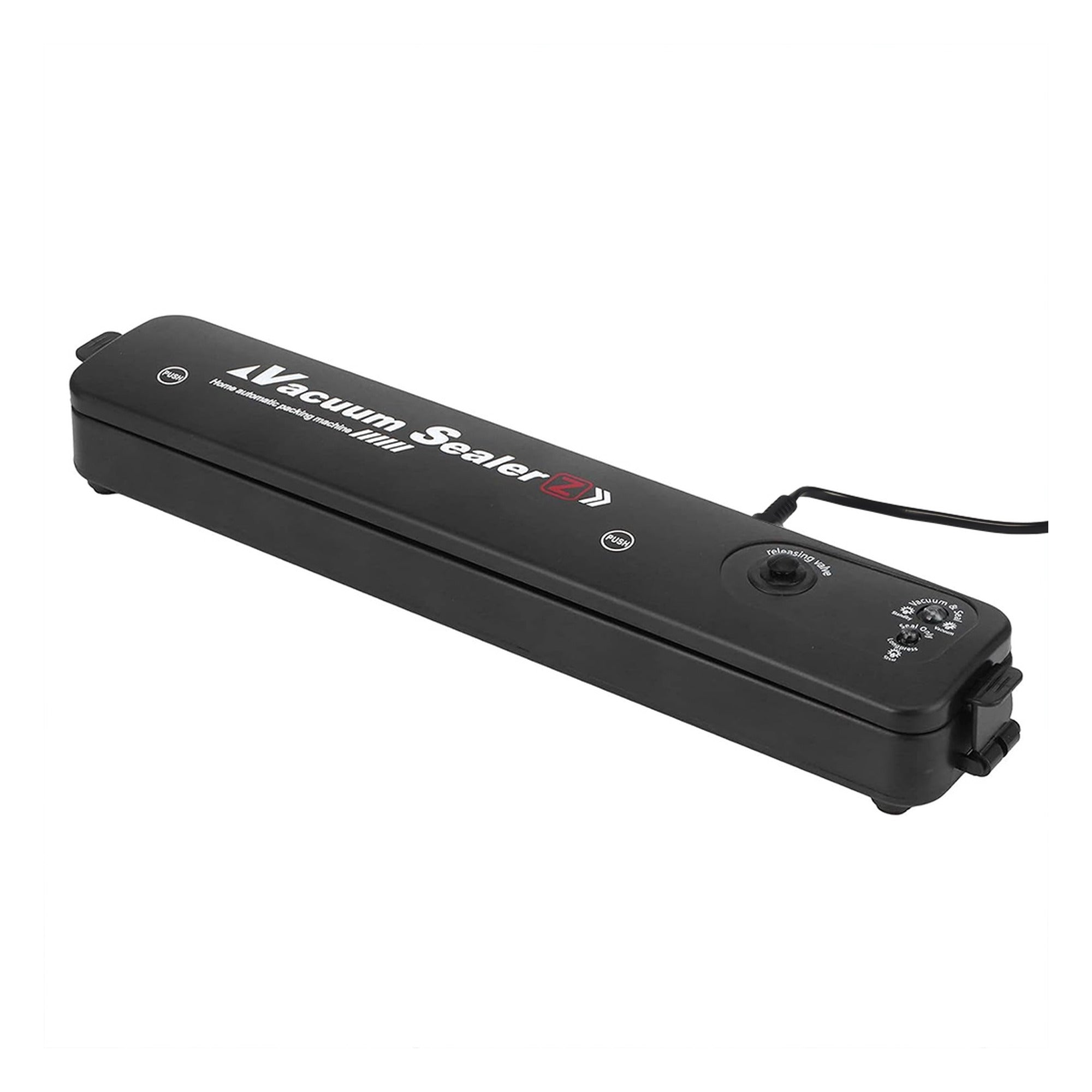 Selladora al vacío compacta negra 90W sobre fondo blanco