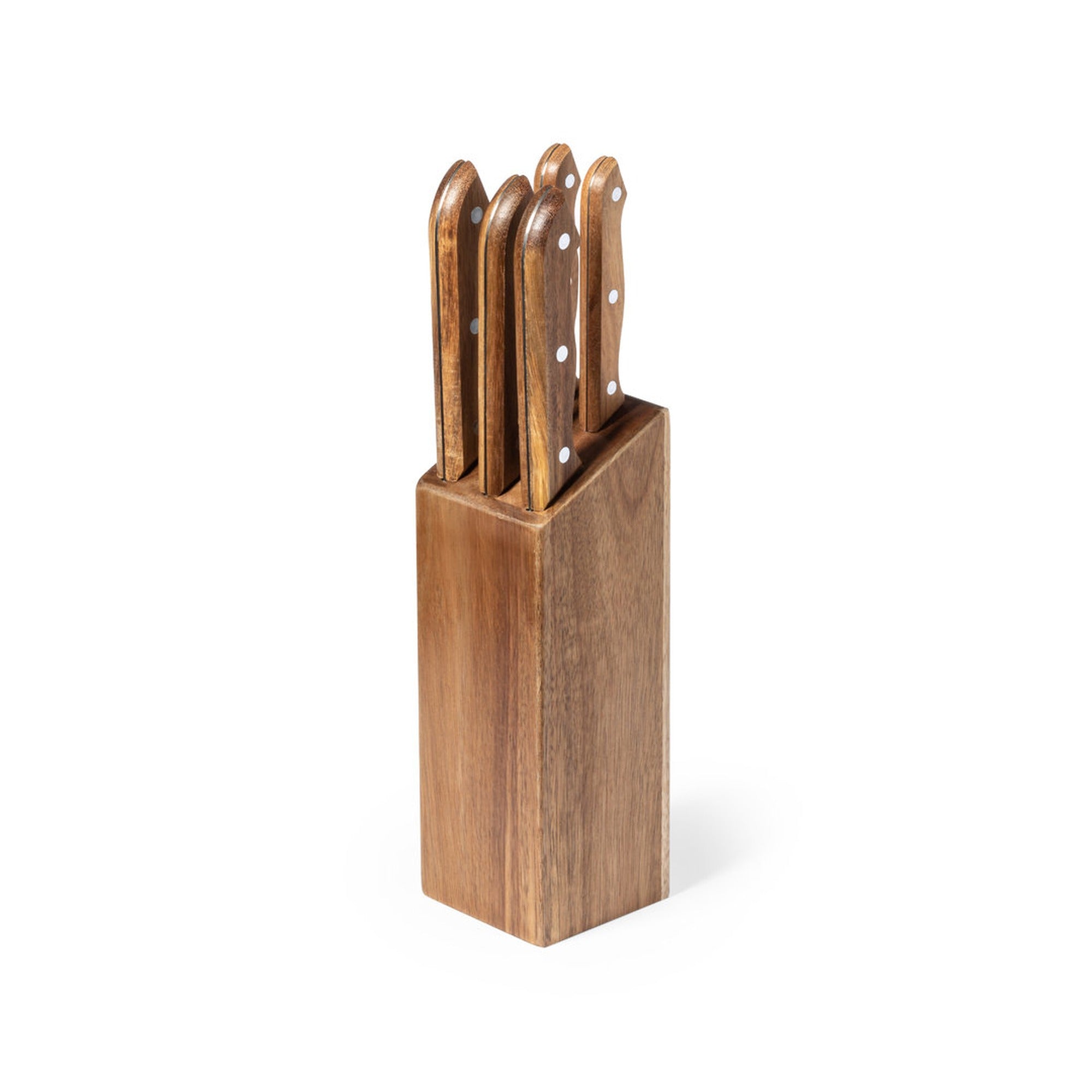 Set de cuchillos de acacia en taco de madera, vista en ángulo