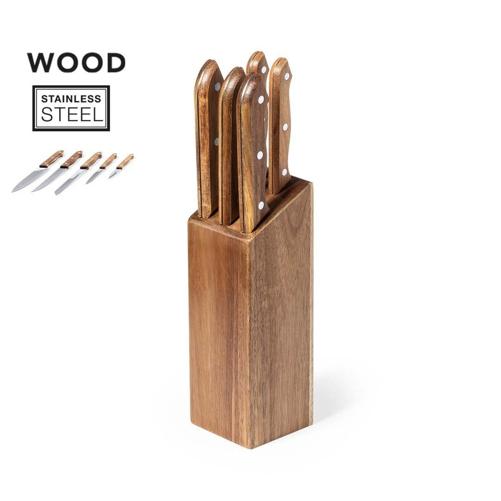 Set de cuchillos de acacia con etiquetas de material: madera y acero inoxidable
