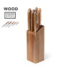 Set de cuchillos de acacia con etiquetas de material: madera y acero inoxidable