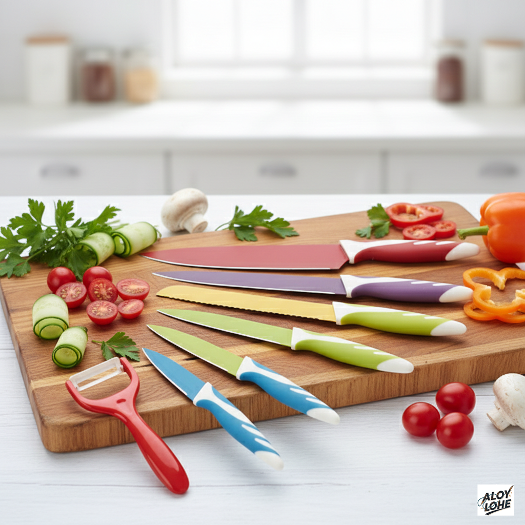 Set de 5 Cuchillos de Cocina Multicolor + Pelador – Hojas de Acero Inoxidable Antiadherentes