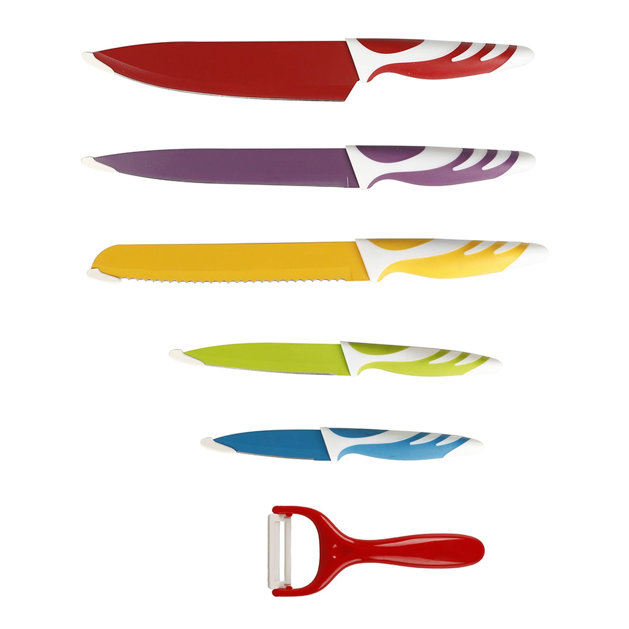 Set de cuchillos multicolor dispuestos sobre mesa de madera con perejil