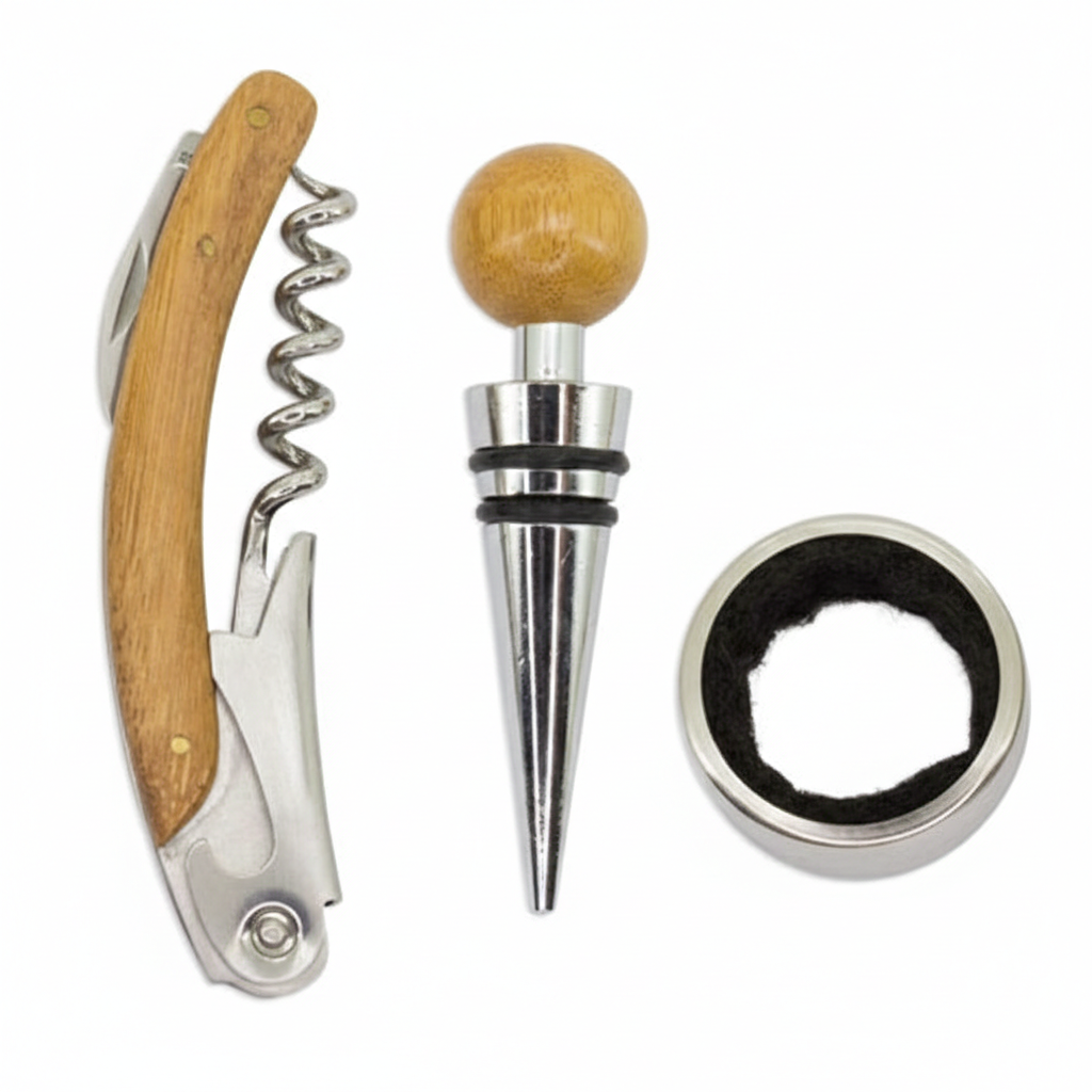 Set de Vino Premium en Estuche de Bambú Natural: Accesorios de Acero Inoxidable