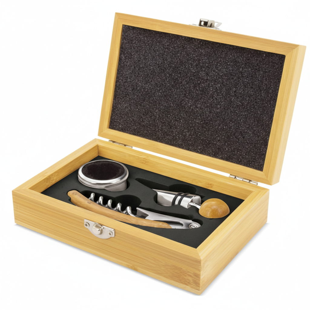 Set de Vino Premium en Estuche de Bambú Natural: Accesorios de Acero Inoxidable