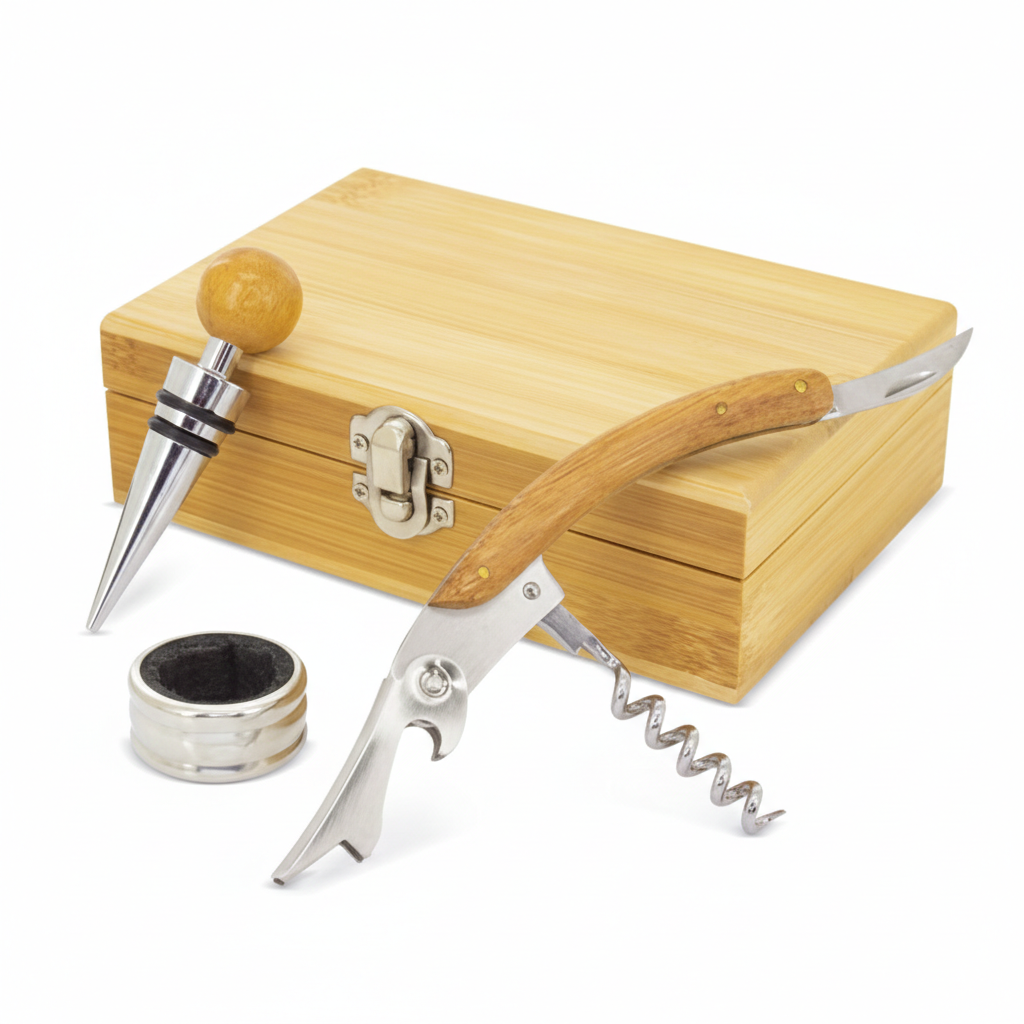 Set de Vino Premium en Estuche de Bambú Natural: Accesorios de Acero Inoxidable