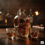 Set Licorera de Cristal Calavera (850ml) + 2 Vasos de Chupito – Diseño Gótico y Elegante para Bar